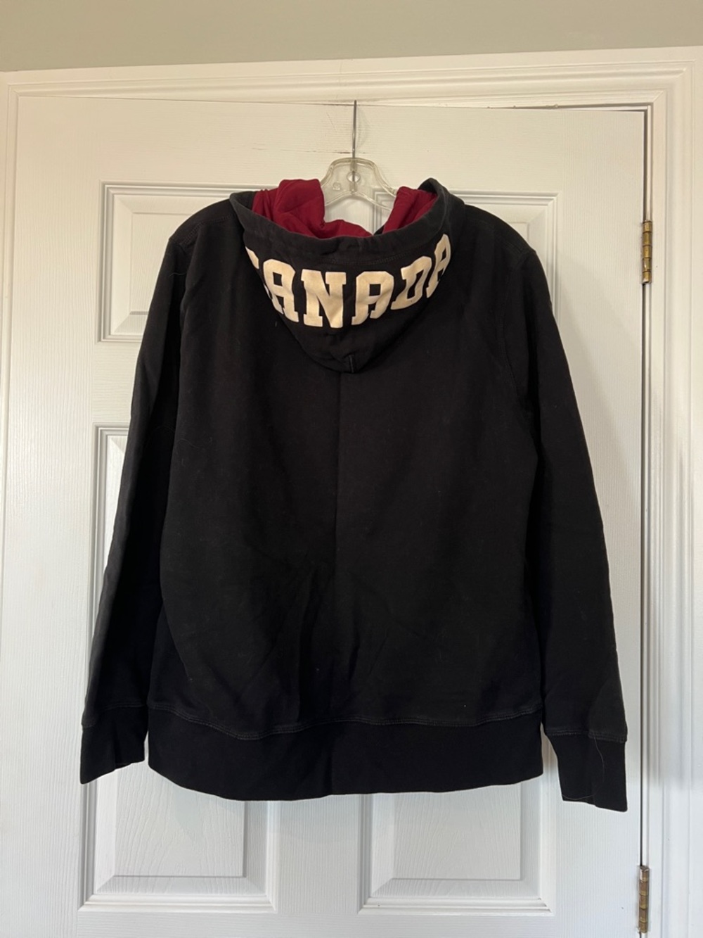 Roots Black Crewneck Hoodie with White Maple Logo and Red Lined Hood - Picture 3 of 3